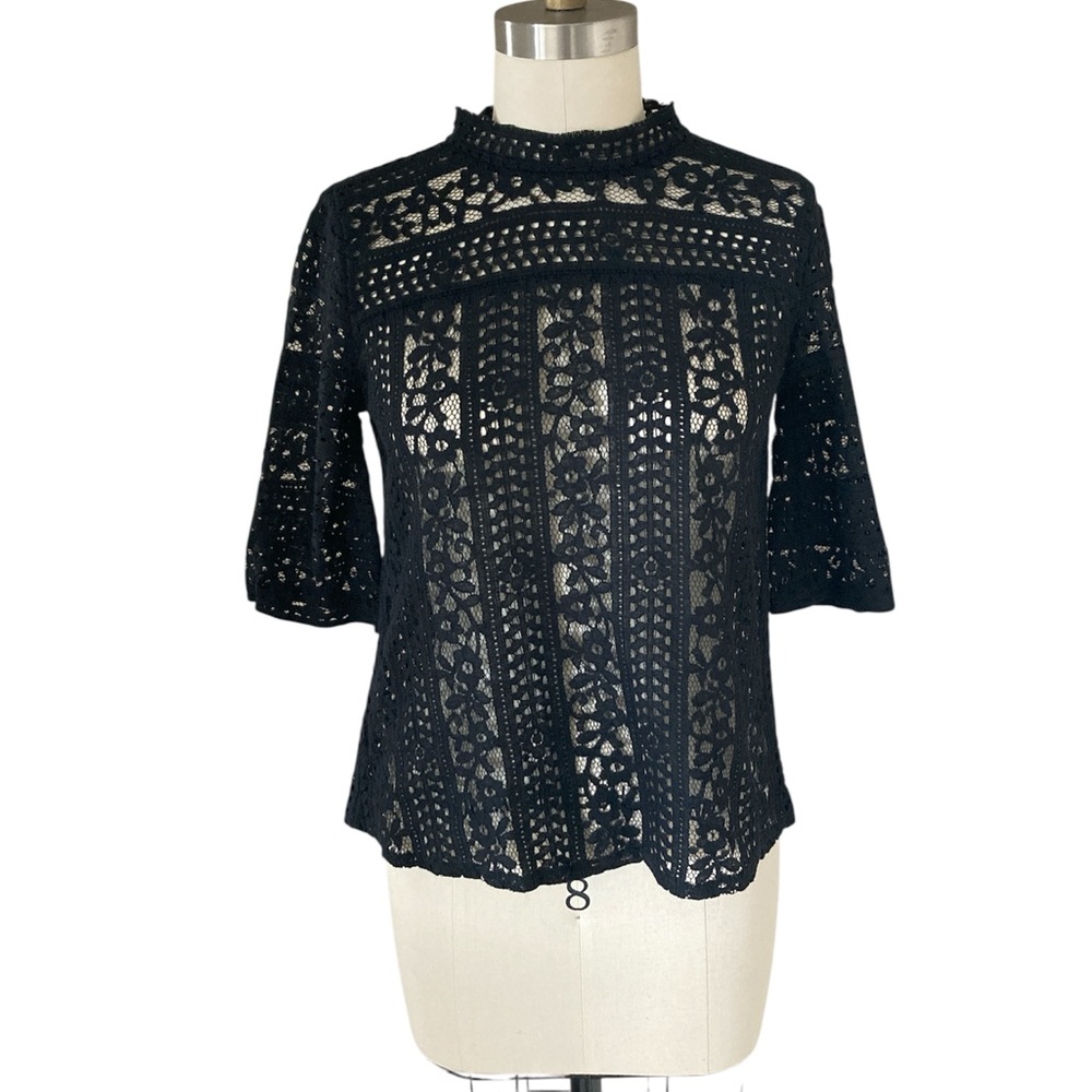LOFT Black Lace See Through Blouse with 3/4 Sleeves and Mandarin Collar, Sz XS